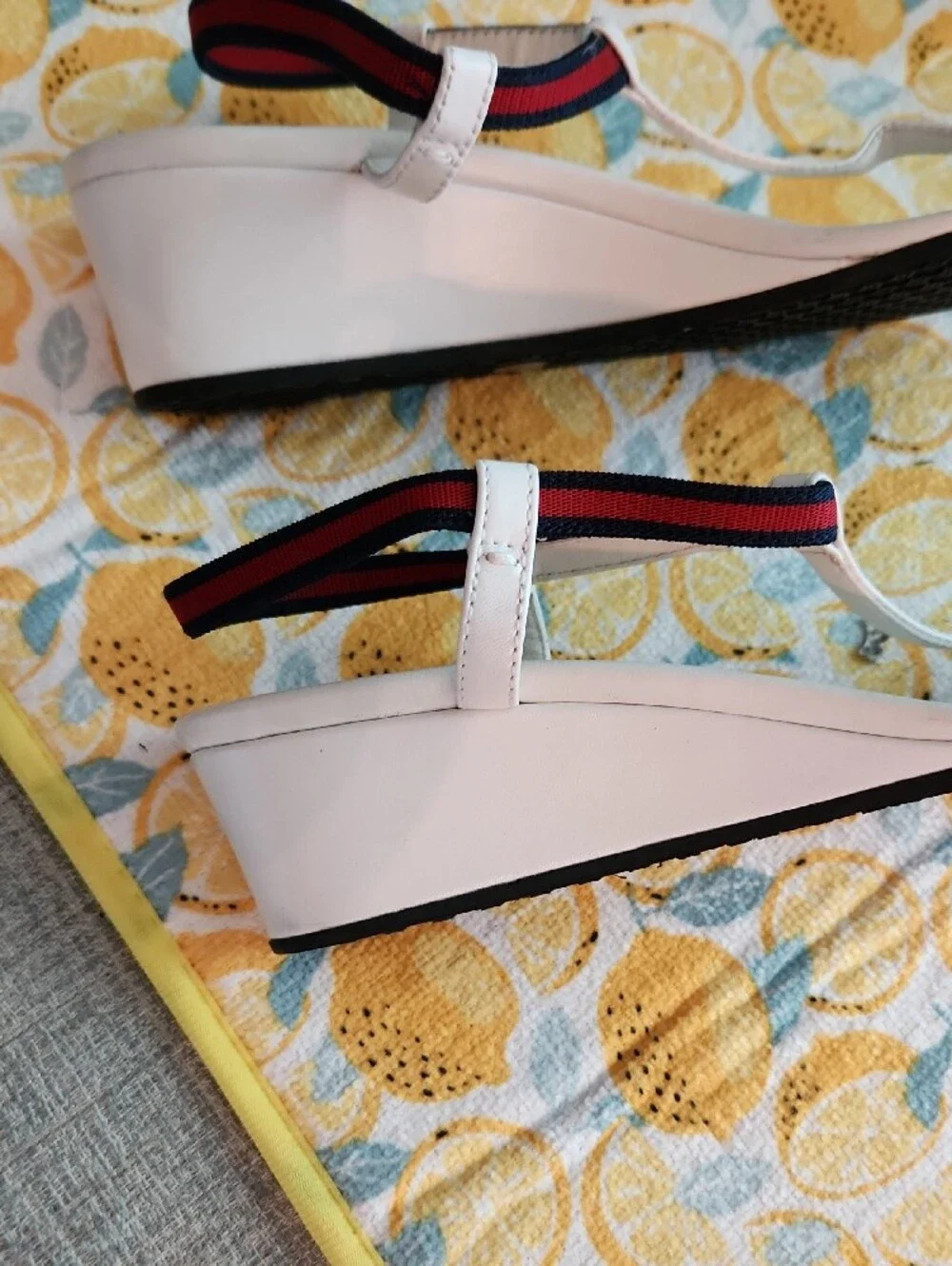 Gucci White T-Strap Sandals with Red and Navy Webbing